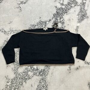 L'Agence Black Cropped Sweater Gold Chain Trim Boat Neck Knit Top L/XL